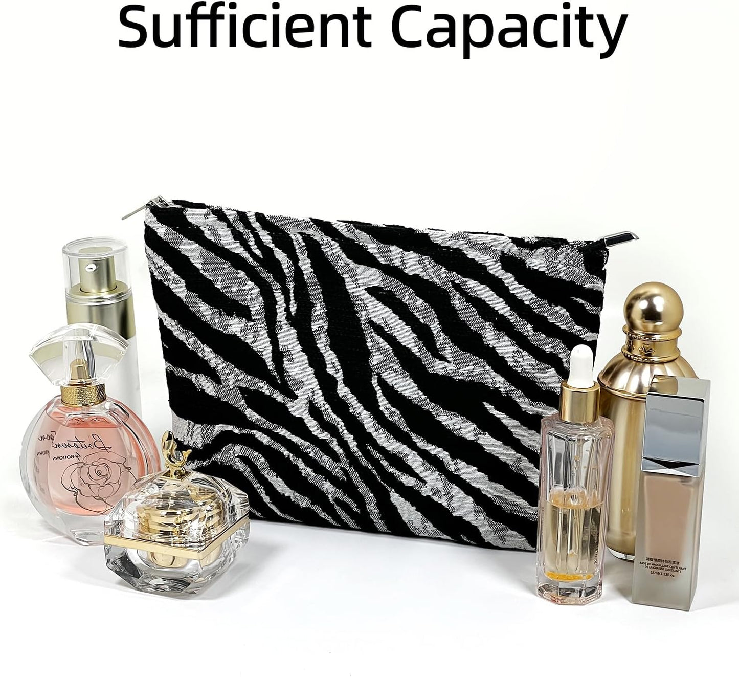 Zebra Print Makeup Bag for Women,Travel Make up Bag with Zipper Lining, Canvas Makeup Pouch for Purse, Cosmetic Pouch for Toiletry, Cosmetic, Sunscreen, Hygiene, Skincare, SPF, Medicine, Sunblock