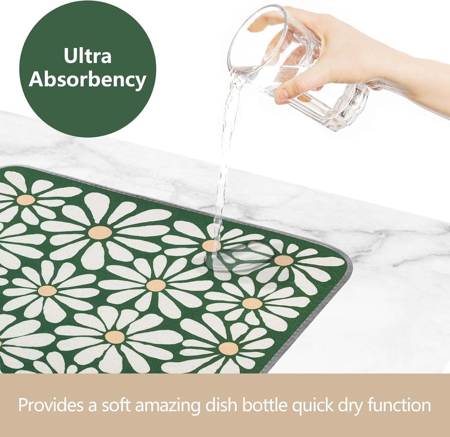 SHIYUE Dish Drying Mat for Kitchen Counter Super Absorbent Spring Kitchen Decor Microfiber Drying Matainers Rack Fast Pad Dish Drainer Mats(Green Flower,16''x18'')