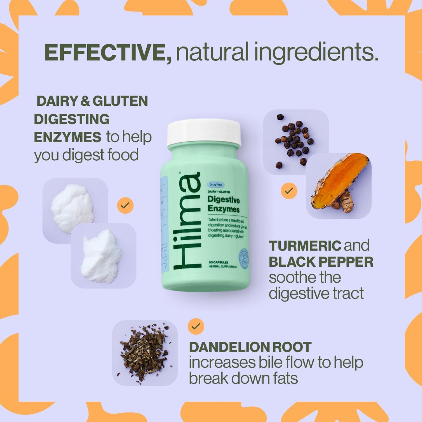 Hilma Digestive Enzymes for Women, Bloating Relief with Turmeric, Dandelion Root and Gluten Digestive Enzymes, Natural Gluten and Dairy Relief Pills, 60 Vegan Capsules