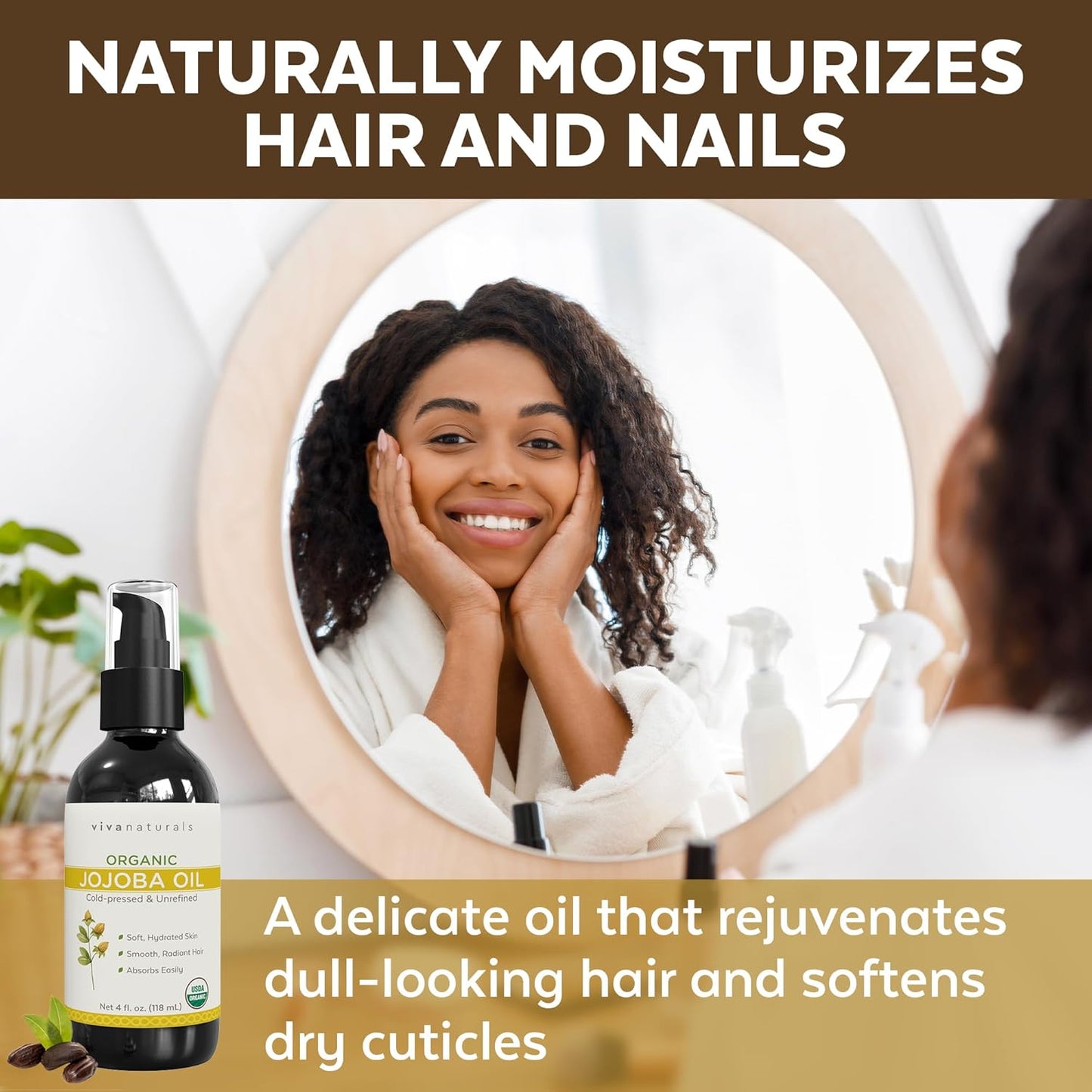 Viva Naturals Organic Jojoba Oil - Pure Cold-Pressed for Skin and Hair, USDA Certified Face Moisturizer, 4 fl. oz