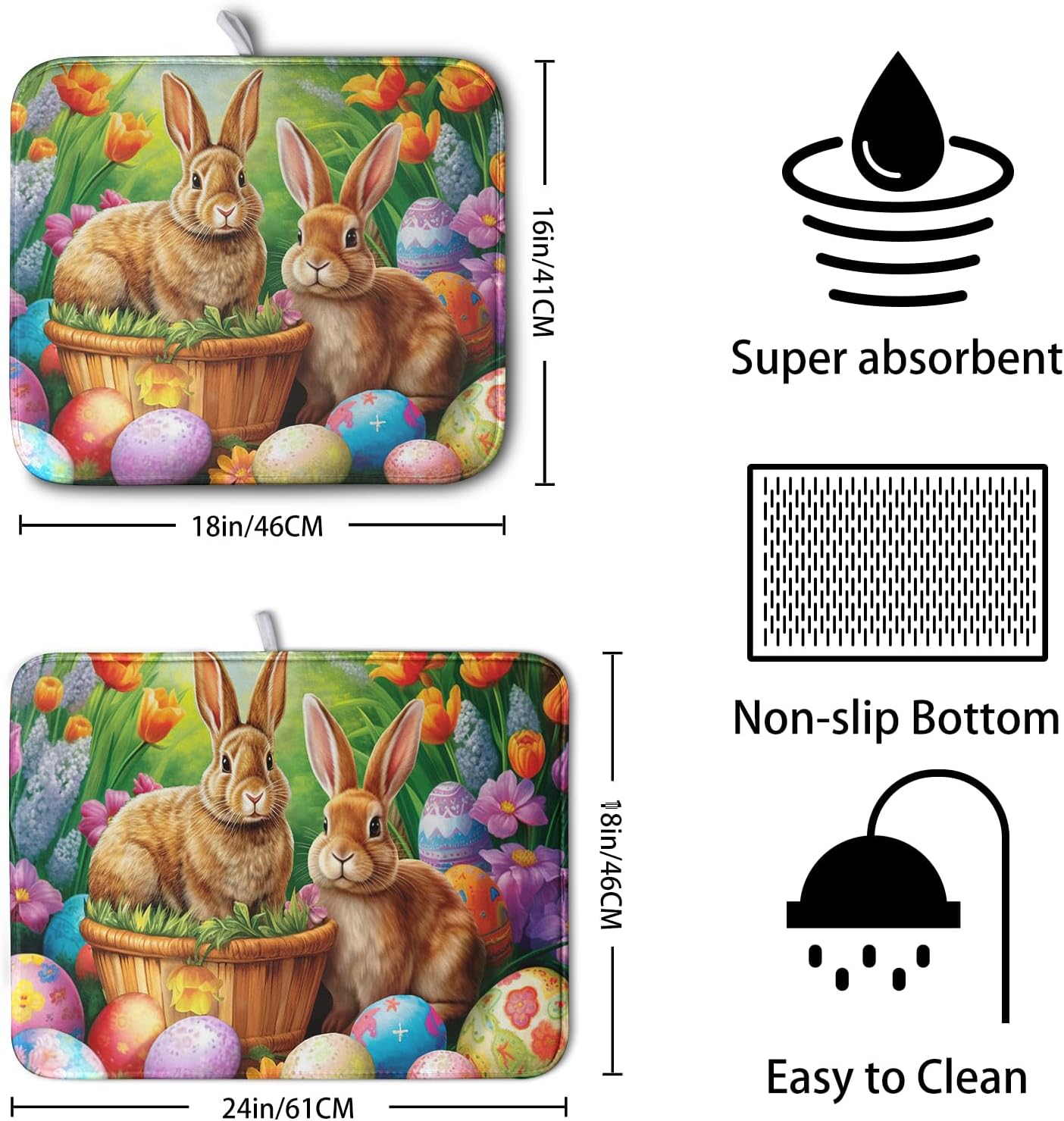 Easter Bunny Eggs Dish Drying Mat for Kitchen Counter, Tulip Floral Flower Drying Mat Spring Summer Holiday Dish Mat Drying Kitchen Mat Absorbent Kitchen Drying Mat for Sink 18x24Inch