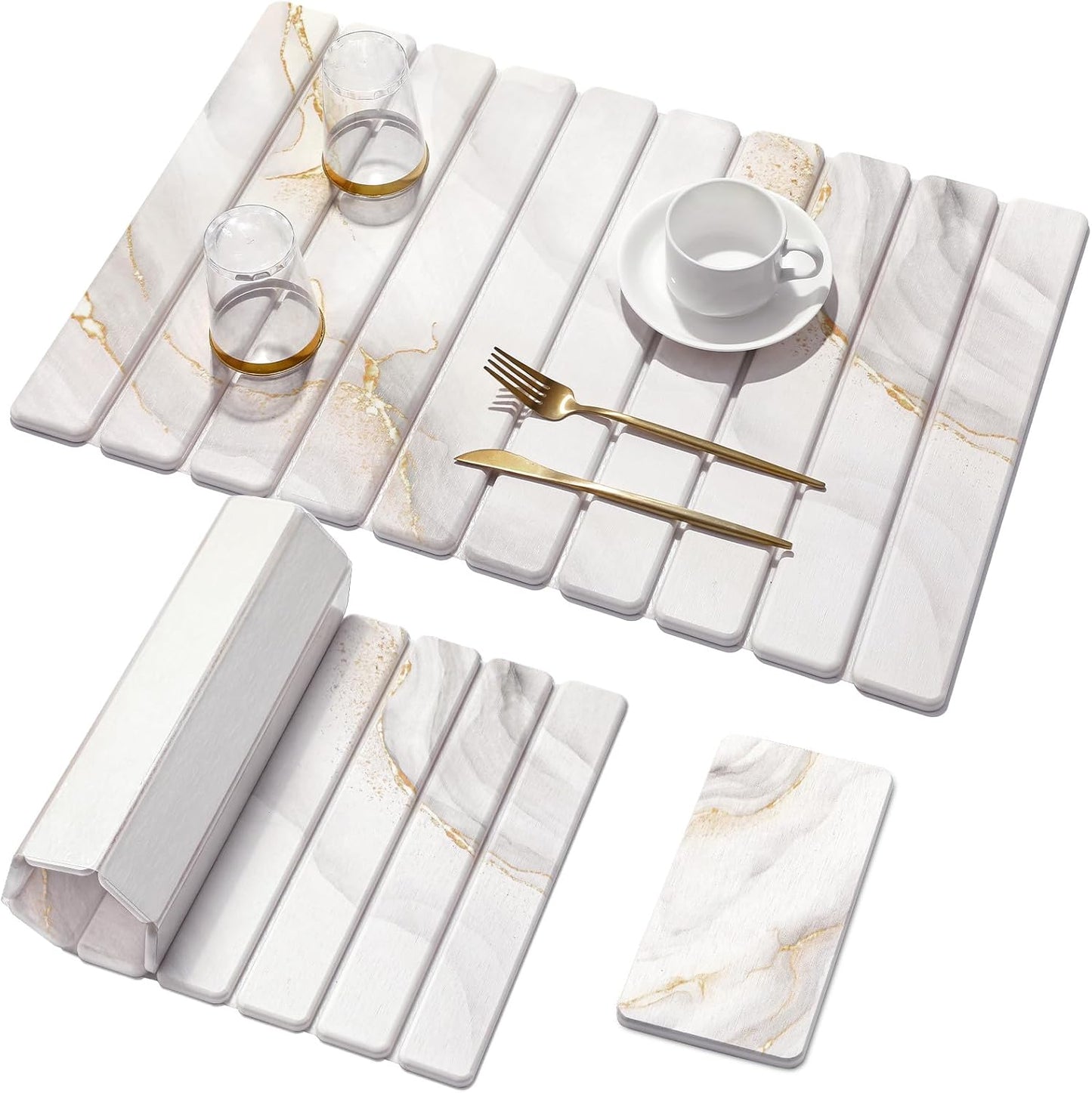 2 PCS Large Stone Dish Drying Mat for Kitchen Counter,Quick Dry Stone Dishes Mats,Marbled Water Absorbing Diatomaceous Earth Drying Pad for Countertop Bottles Utensils Cups(Gold White 24"x16"&8"x4")