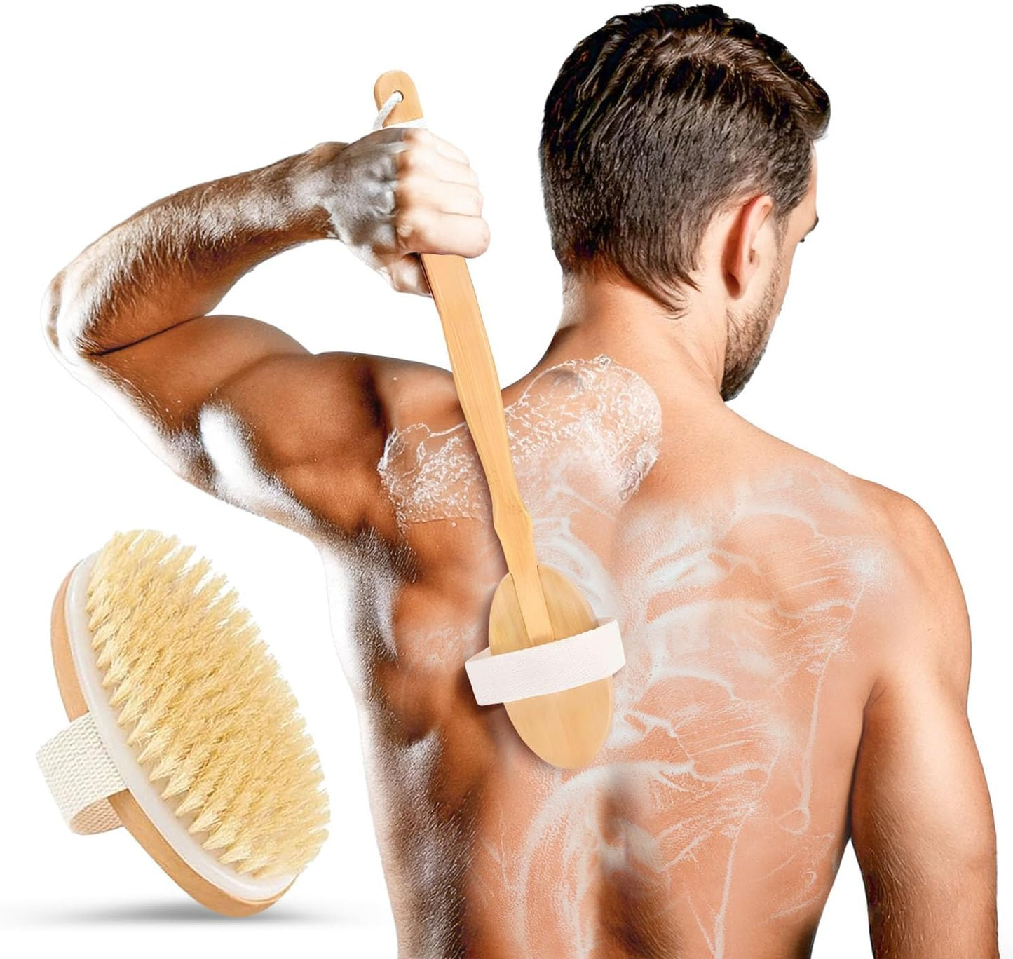 Long Handled Shower Brush for Body, 20" Back Scrubber, Body Scrubber for Men and Women, Ergonomic Wooden Handle for Better Reach - Firm Boar Bristles