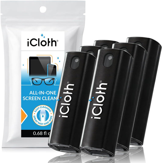 6X iCloth 2-in-1 Screen Cleaner Spray & Microfiber Cloth for Laptops, Tablets, Phones, Car Screens & Touchscreens, Streak-Free & Anti-Smudge, Large 0.68 fl oz (20ml) Bottles for Family Use