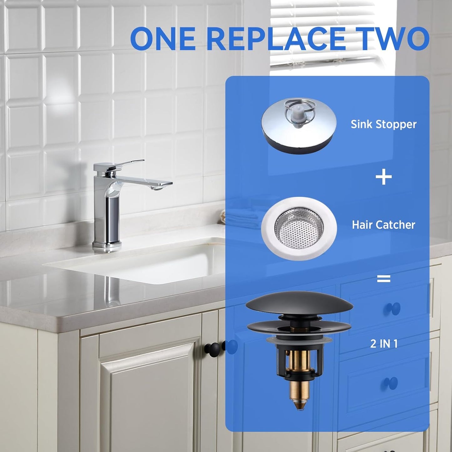 Bathroom Sink Drain Stopper, 2-in-1 Pop Up Sink Drain Stopper Strainer for 1.06"-1.65" Basin Drain Holes, Brass Bounce Core Sink Stopper with Anti-Clogging Hair Catcher