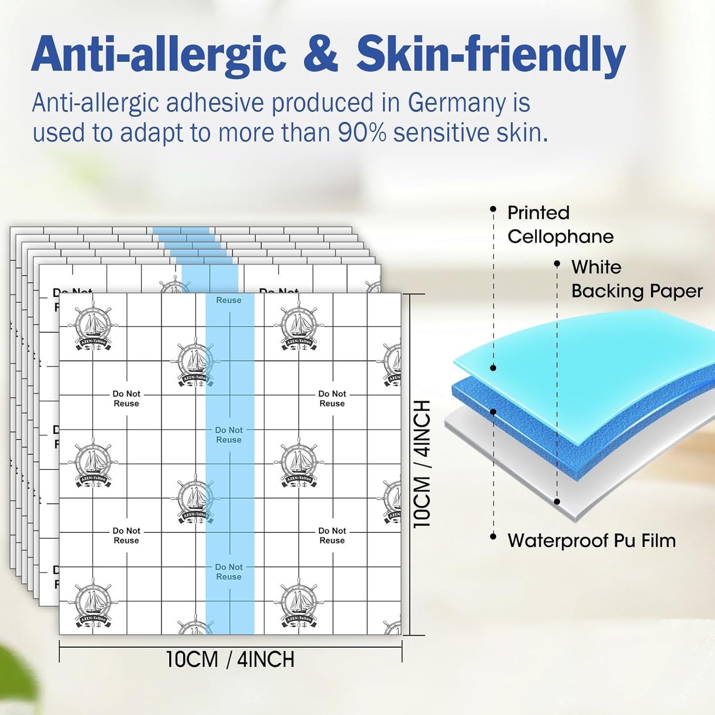 AZEN 50 Pieces Waterproof Bandages, Transparent Film Dressing 4 X 4, Clear Bandages Waterproof Adhesive Bandage, Second Skin Tattoo Cover Up Tape