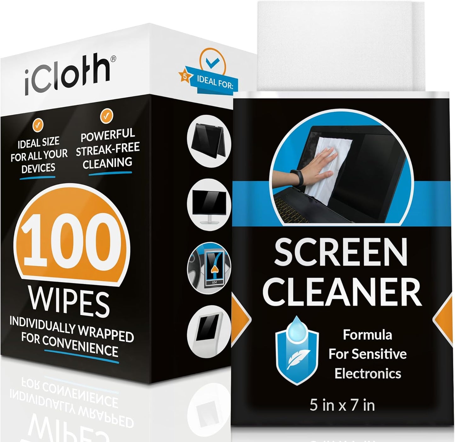iCloth Large Screen Cleaning Wipes for Electronics, Lint-Free and Streak-Free, Fast-Drying, Removes Dust, Fingerprints, and Smudges (100 Wipes)