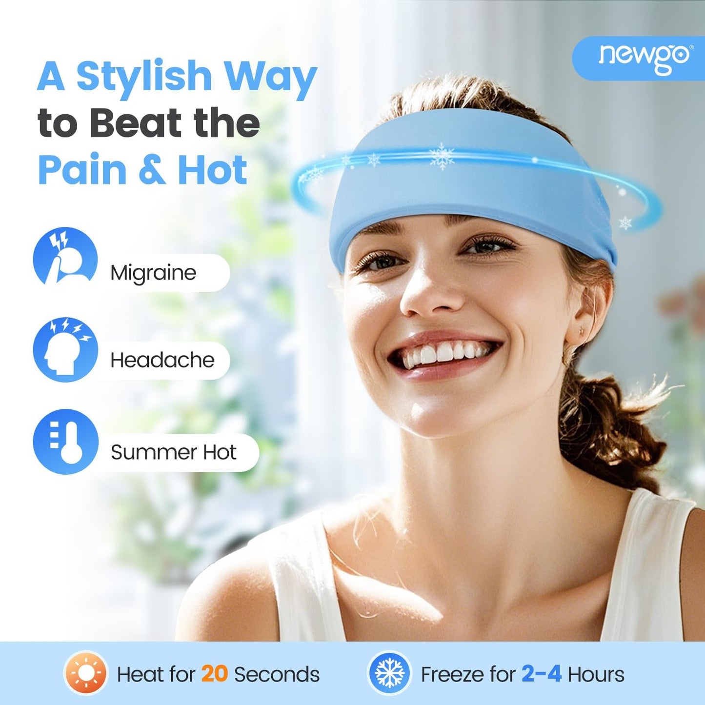 NEWGO Migraine Relief Cooling Headband with Washable Cover, Stylish Cold Head Wrap Forehead Ice Pack for Headaches, Hot Weather, Tension, Hangover