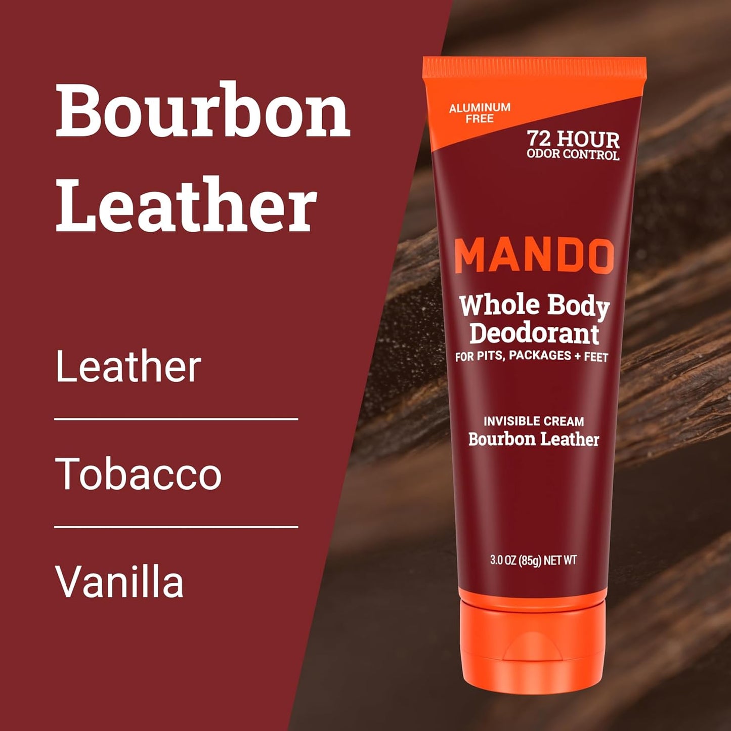 Mando Whole Body Deodorant For Men - Invisible Cream - 72 Hour Odor Control - Aluminum Free, Baking Soda Free, Skin Safe - 3 Ounce Tube (Pack of 2) - Bourbon Leather and Mount Fuji
