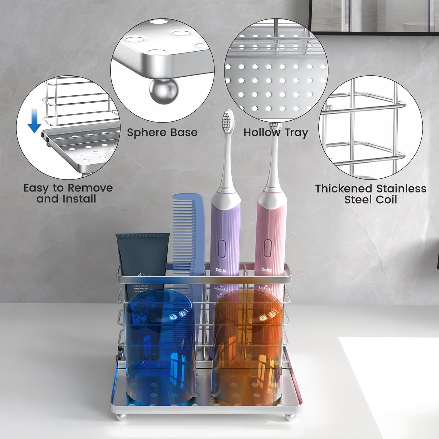 Luxspire Toothbrush Holders for Bathroom, Toothbrush Holder with Tray, Stainless Steel Holder for Toothbrush Toothpaste, Tooth Brushing Holder for Bathroom Countertop, 3-Slot, Silver