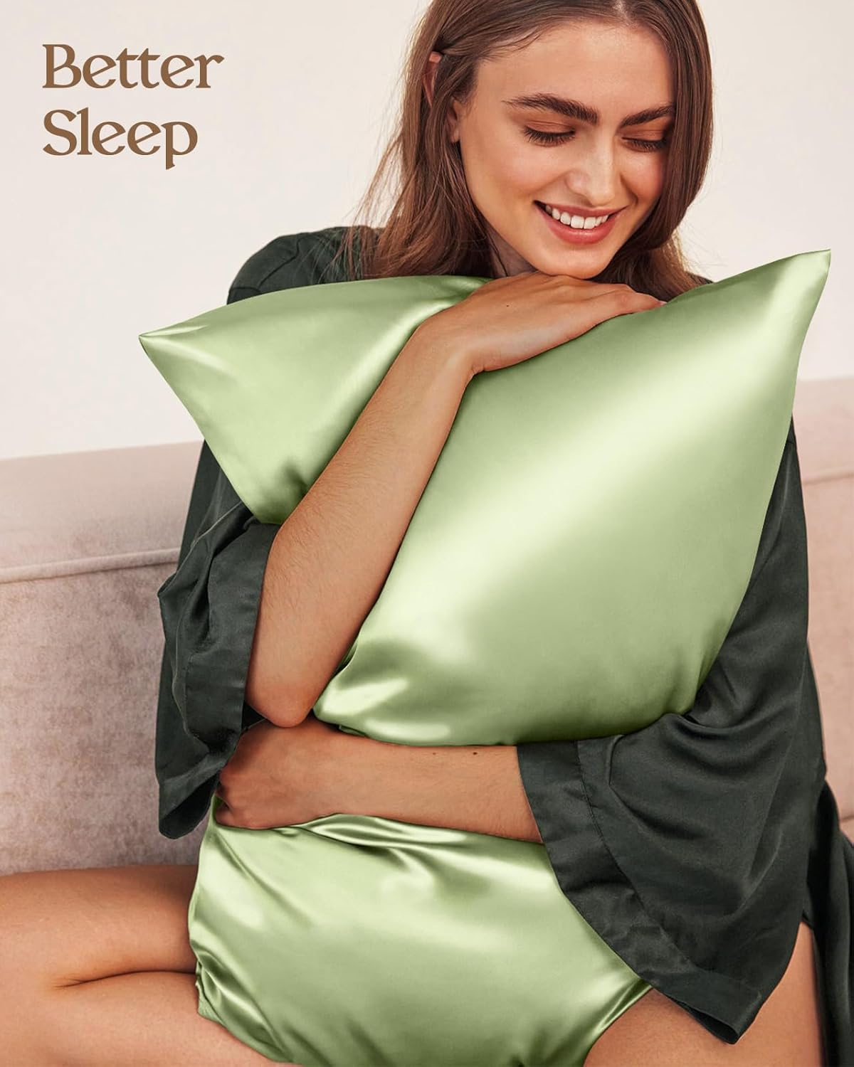 Silk Pillowcase 2 Pack - Pillow Cases King Set of 2 Size 20" x 36" for Hair and Skin Smooth Soft Breathable with Hidden Zipper Cooling Pillow Covers for Women, Light Green