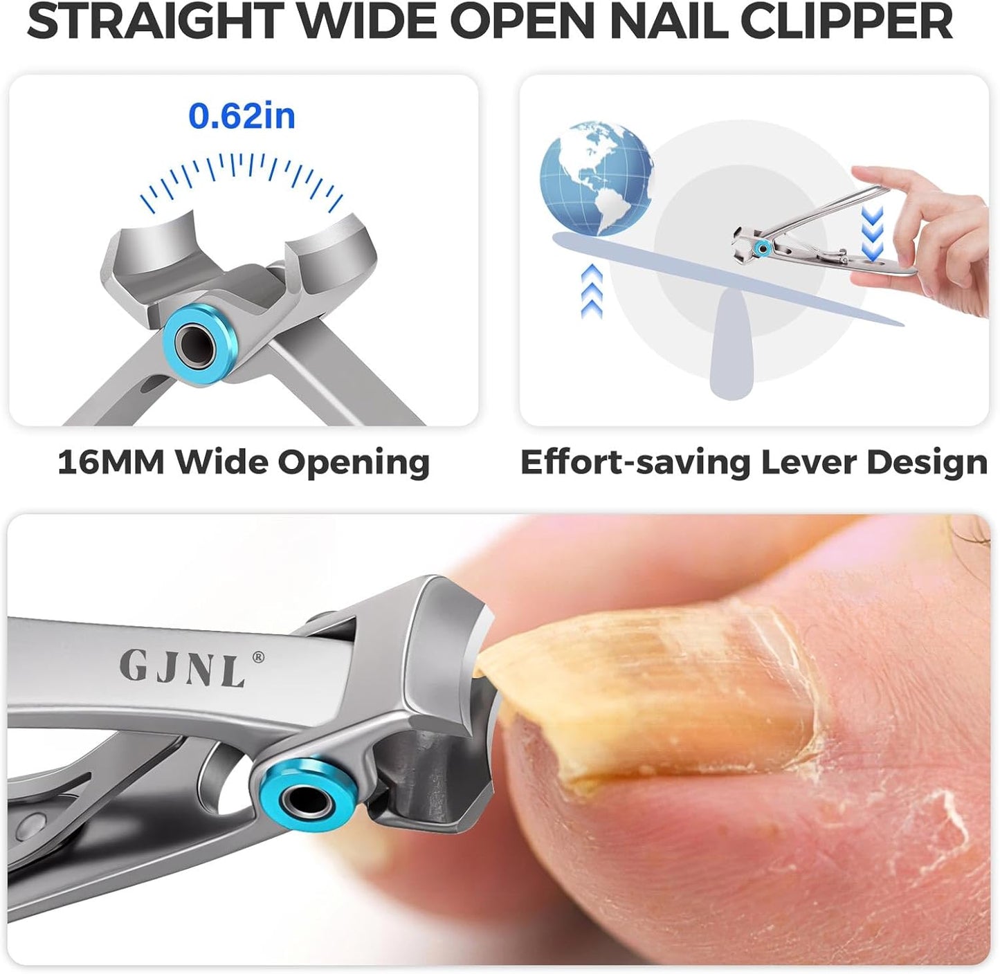 Toenail Clippers for Ingrown Thick Toenails, 16mm/37mm Wide Opening Heavy Duty Toe Nail Clippers for Men Thick Nails with Long Handle, 45 Degrees Very Sharp Slanted Curved Blade Toenail Clippers
