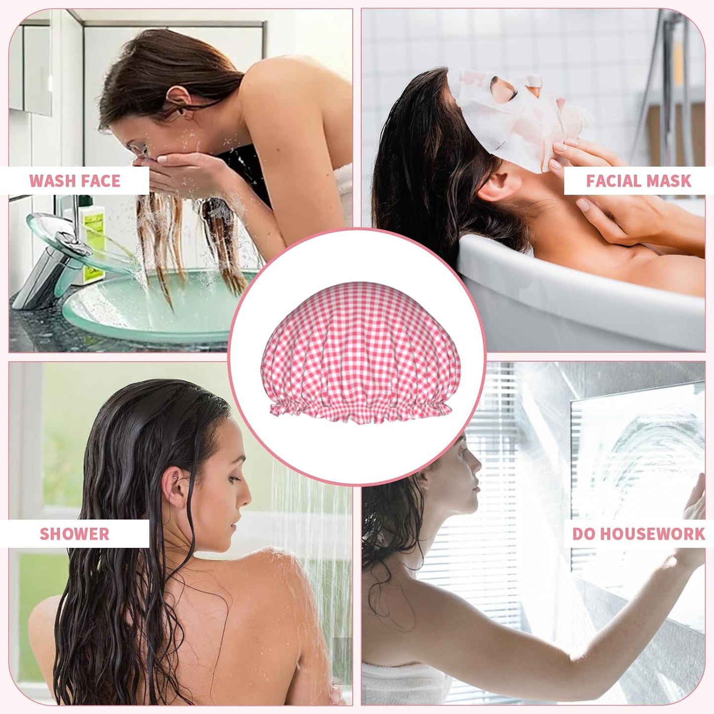 Red Pink Checkered Shower Caps for Women Red Plaid Dual-Layer Waterproof Bath Hat Classic Checkered Pattern Elastic Reusable Hair Cap for Shower Cooking Clean Makeup