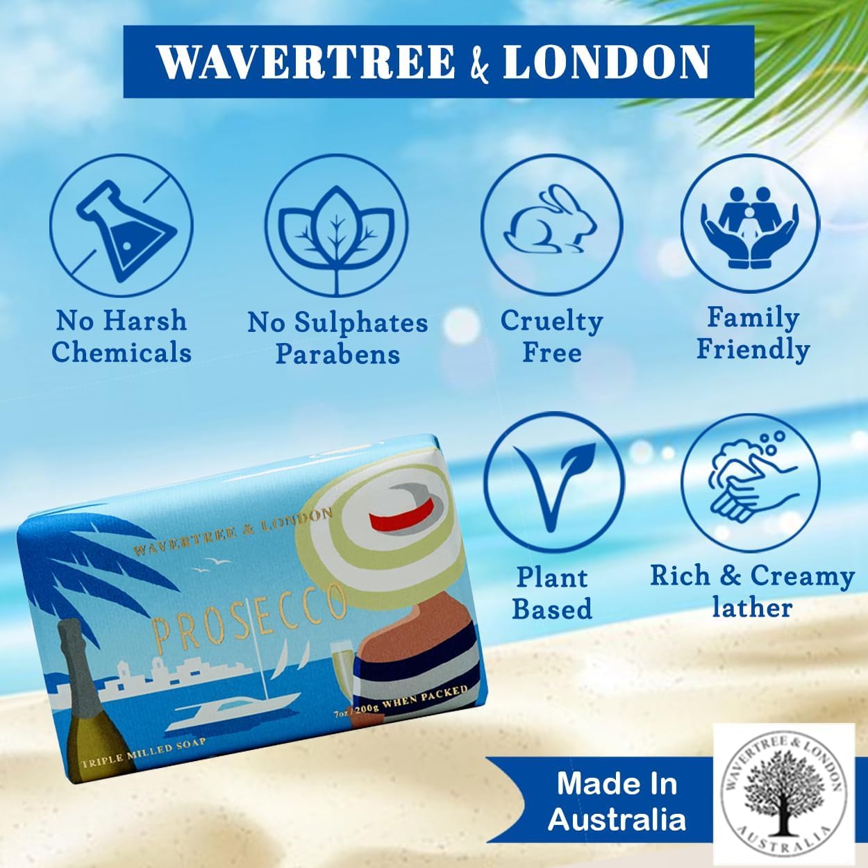 Wavertree & London Prosecco Scented Natural Soap Bar, 7oz Moisturizing French Triple Milled Soap Bar for Women & Men enriched with shea butter - Pure Bath & Body soap bar for All Skin Types