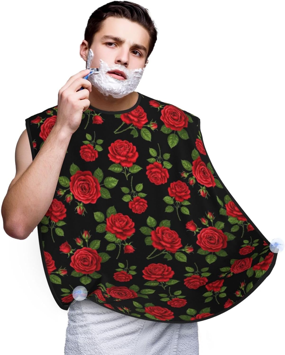 Ultimate Shaving Bib, Beard Trimming Apron with Hair Catcher, Floral Flowers Black Red Roses