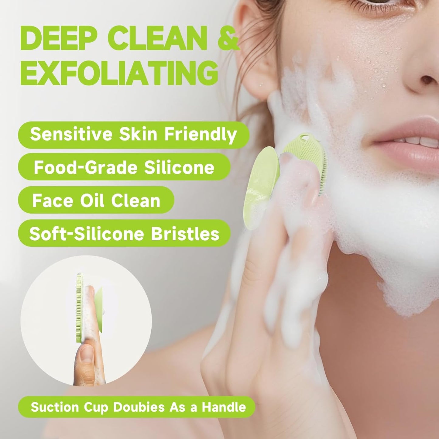 2 PCS Face Scrubber, Soft Silicone Face Exfoliator with Suction Cup for Man and Women Deep Skin Clean, Gentle Facial Cleaning Brush Suitable for All Sensitive Skin (Green)