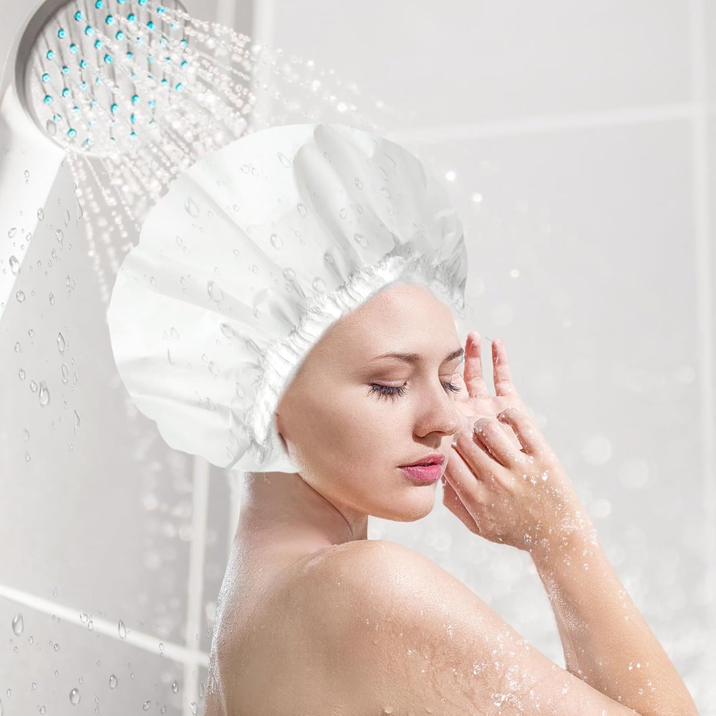 Shower Caps for Women, Terry Cloth Lined EVA Exterior Elastic and Reusable Bath Caps, Double Waterproof Layers Shower Cap, Bathing Shower Caps, Environmental Protection Bath Hair Cap - White