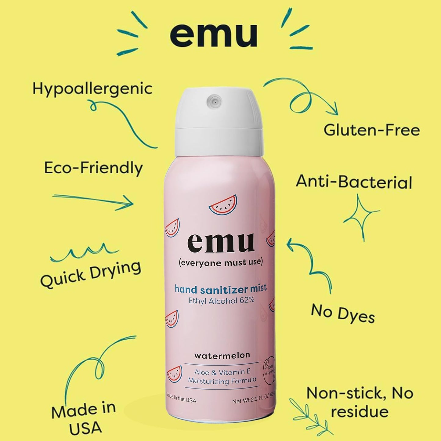 EMU (EVERYONE MUST USE) Hand Sanitizer pocket spray, Travel size 2.2oz. Cleanses Your Hands, Hydrating. Hand soap bulk. 24-hour disinfectant sanitizing. Made in USA (Watermelon_1)