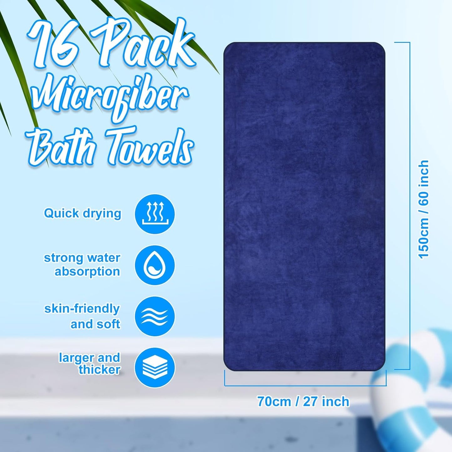 16 Pack Microfiber Bath Towels Bulk 27'' x 60'' Oversized Size Bath Towel Highly Absorbent Extra Large Soft Drying for Shower Beach Salon Winter Sport Spa Gym (Simple,Navy Blue)