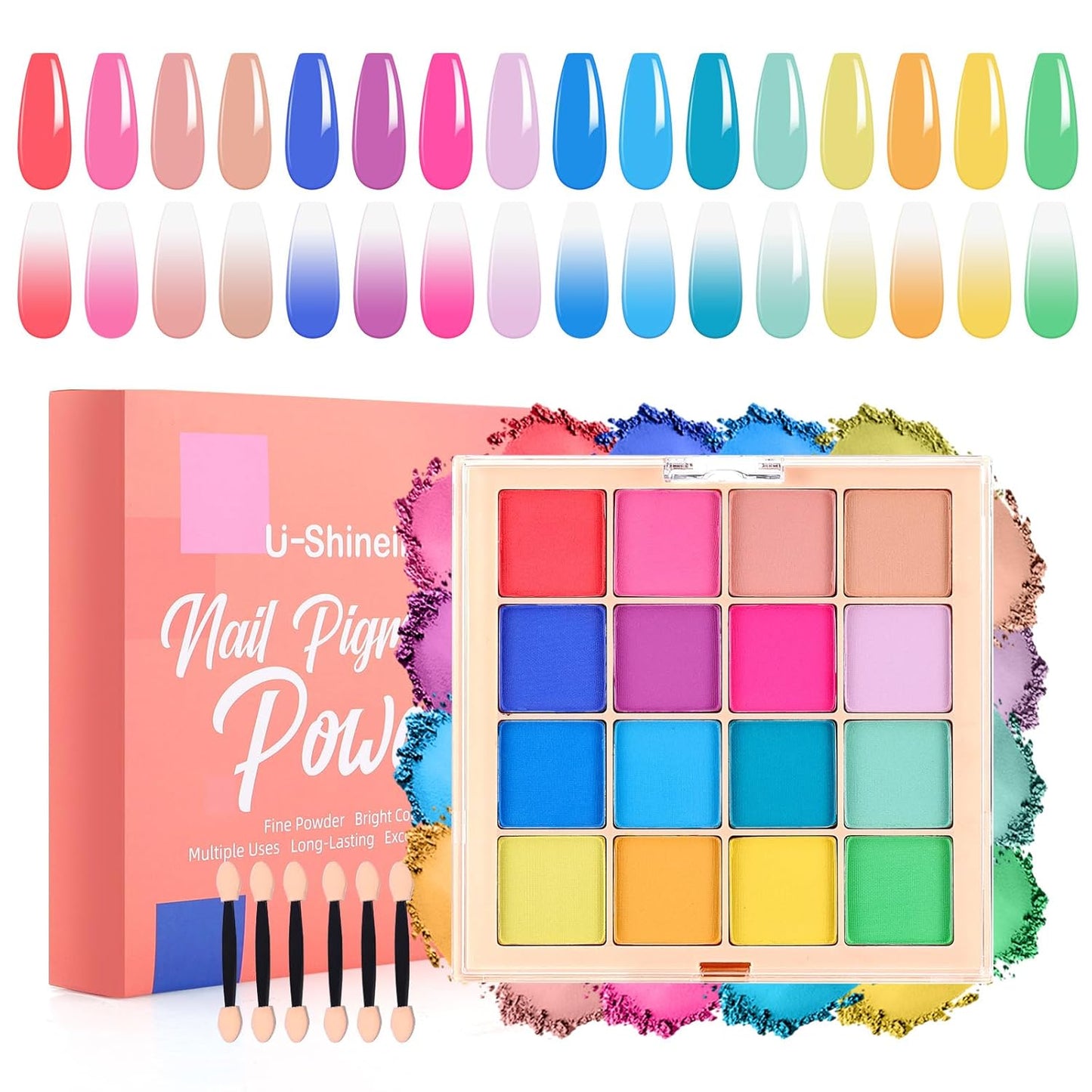 Nail Pigment Powder Palette Set, 16 Bright Colors Ombre Nail Powder Palette French Aura Nails Ombre Nail Brush Nail Long-lasting Manicure Art DIY Accessories (07)