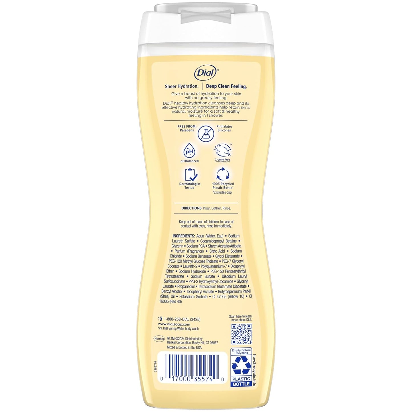 Dial Body Wash, Healthy Hydration, Shea Butter Extract + Vitamin E, 16 fl oz (Pack of 4), Gentle, Leaves Skin Feeling Soft In 1 Shower, Dermatologist-Tested, No Parabens & Silicones