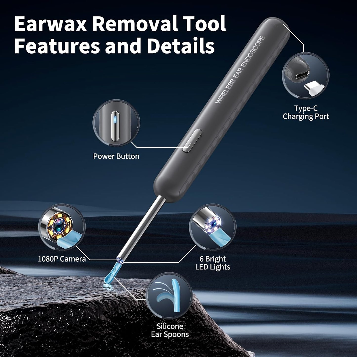 Ear Wax Removal, Ear Cleaner with Camera and Light, Ear Wax Removal Kit with 8 Pcs Set, Ear Wax Removal Tool Camera with 1080P, Ear Cleaning Kit with 6 Spoons, Ear Camera for iOS & Android (Gray)