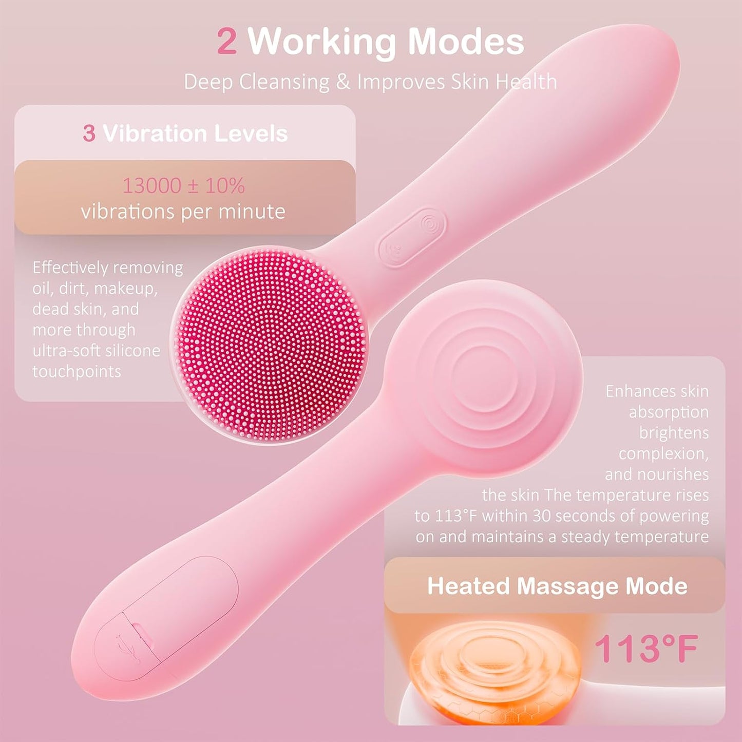Facial Cleansing Brush Silicone Face Scrubber Waterproof Rechargeable Exfoliator Massage Device for Men & Women, Deep Pore Cleansing, Exfoliating, Removing Blackhead Electric Face Scrub Brush (Pink)