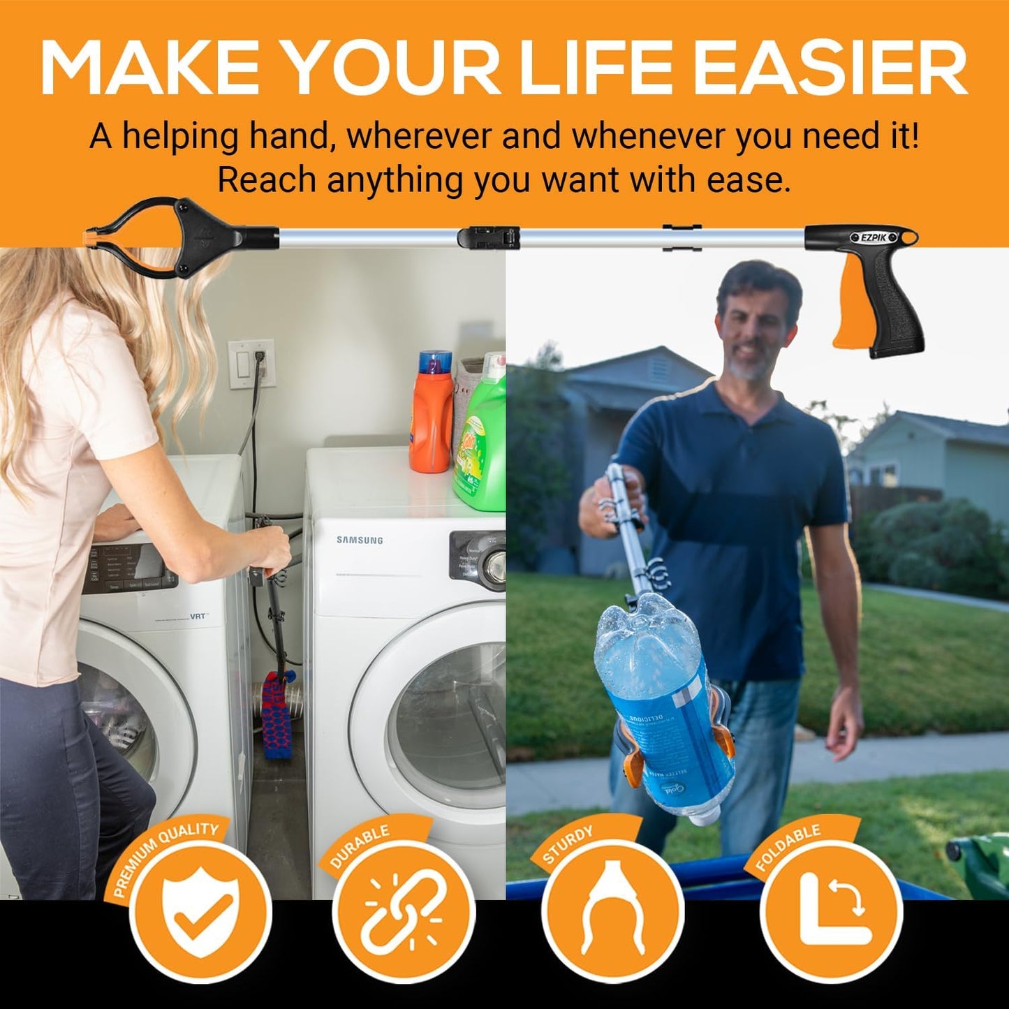 EZPIK® Grip Aid Tool Grabber Reacher + Magnets - Grabbers for Seniors, Trash Picker Upper Grabber - Trash Grabber Tool- Reacher Grabber Pickup Tool (Silver, 32″ (Pack of 2))