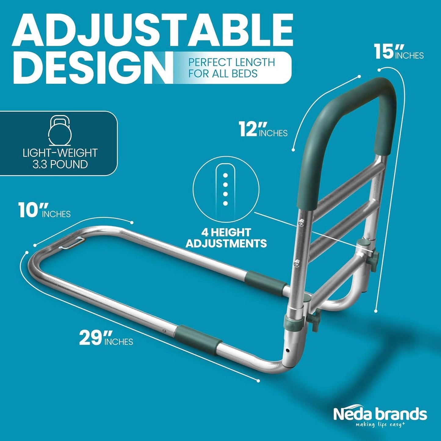 NEDA Adjustable Bed Rails for Elderly Adults – Medical Bed Assist Handle, Safety Support Rail for Seniors, Bedside Rail for All Bed Sizes, with Storage Bag ASTM F3186-17 & 16 CFR 1270 CPSC Certified