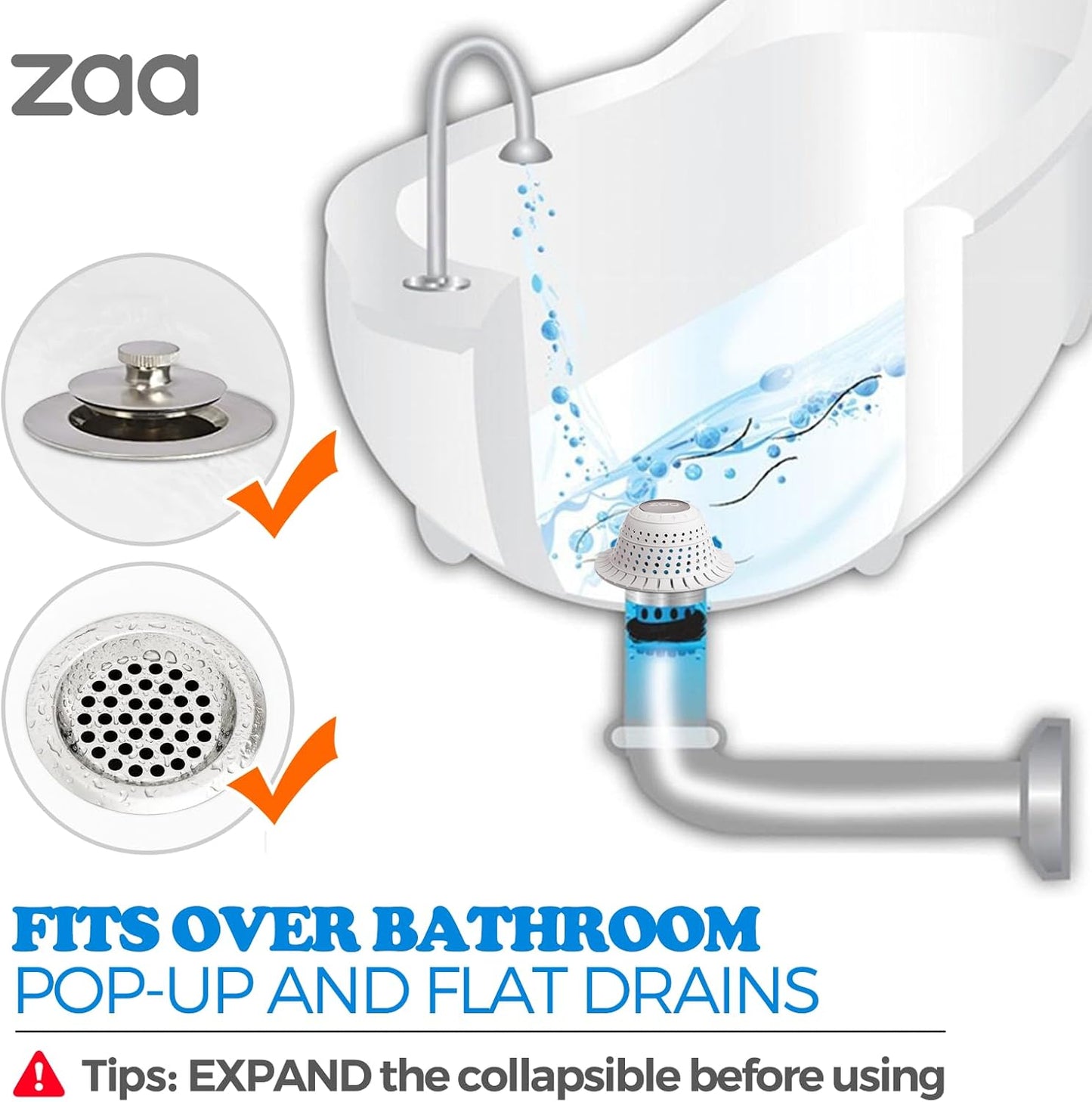 zaa Bathtub Drain Hair Catcher, Premium Silicone Collapsible 2 Pack Drain Protector for Pop-Up and Regular Drains of Shower, Bathtub, Tub, Bathroom, Sink, White
