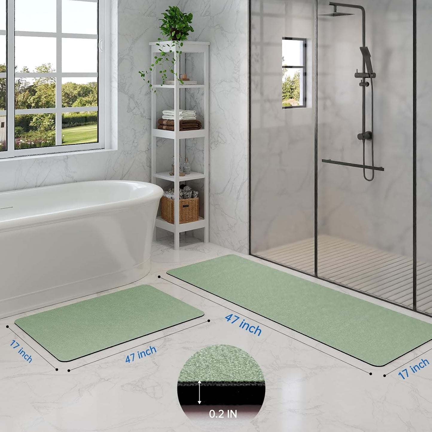 Sage Green Bath Mat Set 2 Piece - Quick Dry Super Absorbent Diatomaceous Earth Bathroom Rugs With Rubber Backing Non-Slip for Shower Floor, 47x17 + 24x17