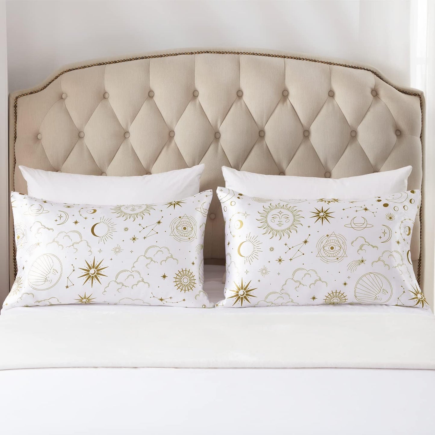 EXQ Home Silky Satin Pillowcase for Hair and Skin,Printed Pillow Cases Standard Size Set of 2 Pink Satin Pillow Case 2 Pack with Envelope Closure（ White Moon，20"x26"）