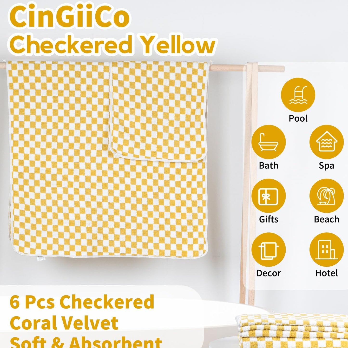 Checkered Bath Towels Set of 6 Large, Microfiber Shower Towels * 2 (55.12"*27.56"), Hand Towels * 4 (29.52"*13.77"),Towels for Bathroom、Pool、Hotel, Spa, Soft Absorbent Quick-Dry（Yellow