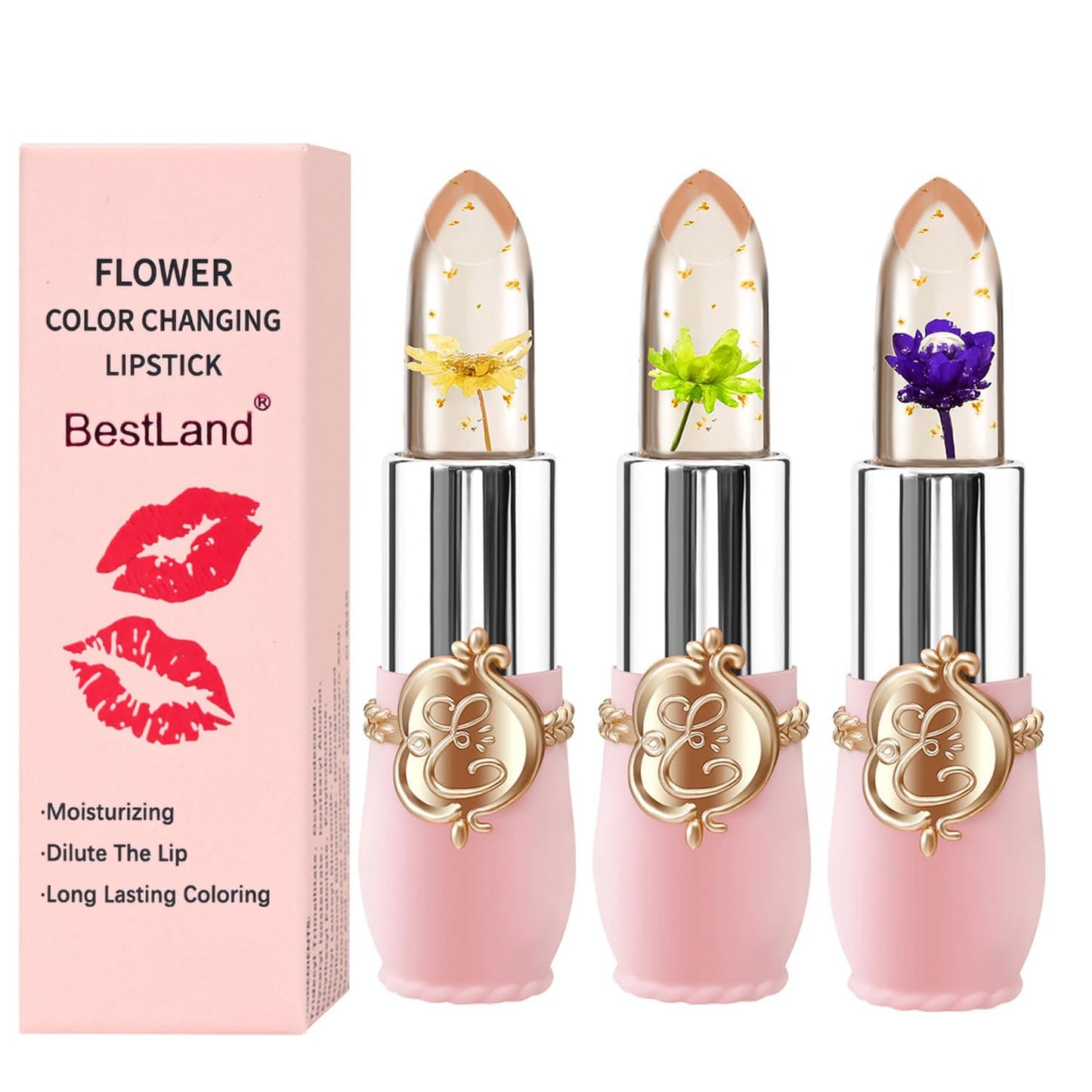 BestLand 3 Pcs/Set Flower Jelly Lipstick Set Temperature Change Moisturizer Long Lasting Nutritious Balm Magic Color Change Lip Gloss (Flower Jelly Lipstick 040506)