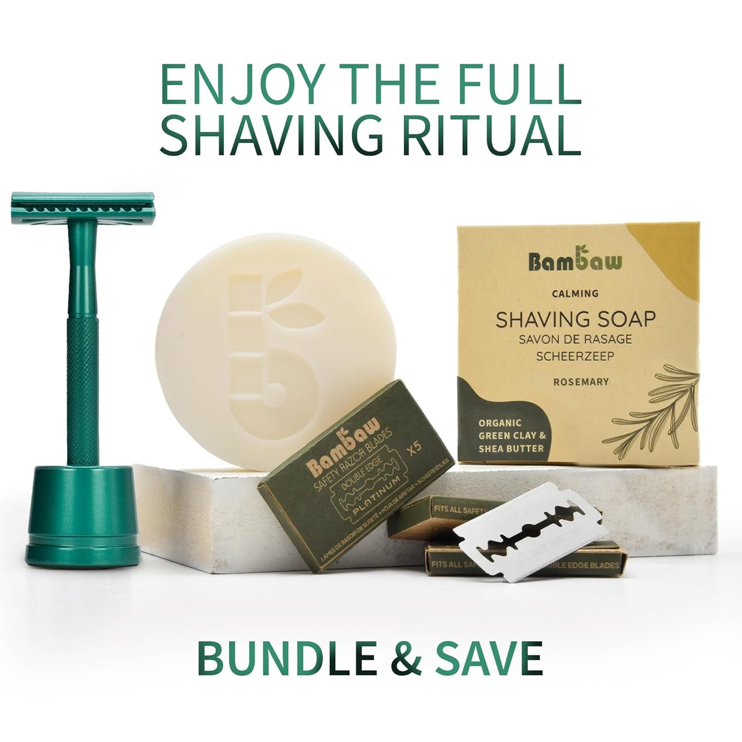 Bambaw Double Edge Close Comb Safety Razor with Stand, Shaving Razor for Men with 5 Safety Razor Blades, Reusable Eco Freindly DE Metal Razor – Sea Green