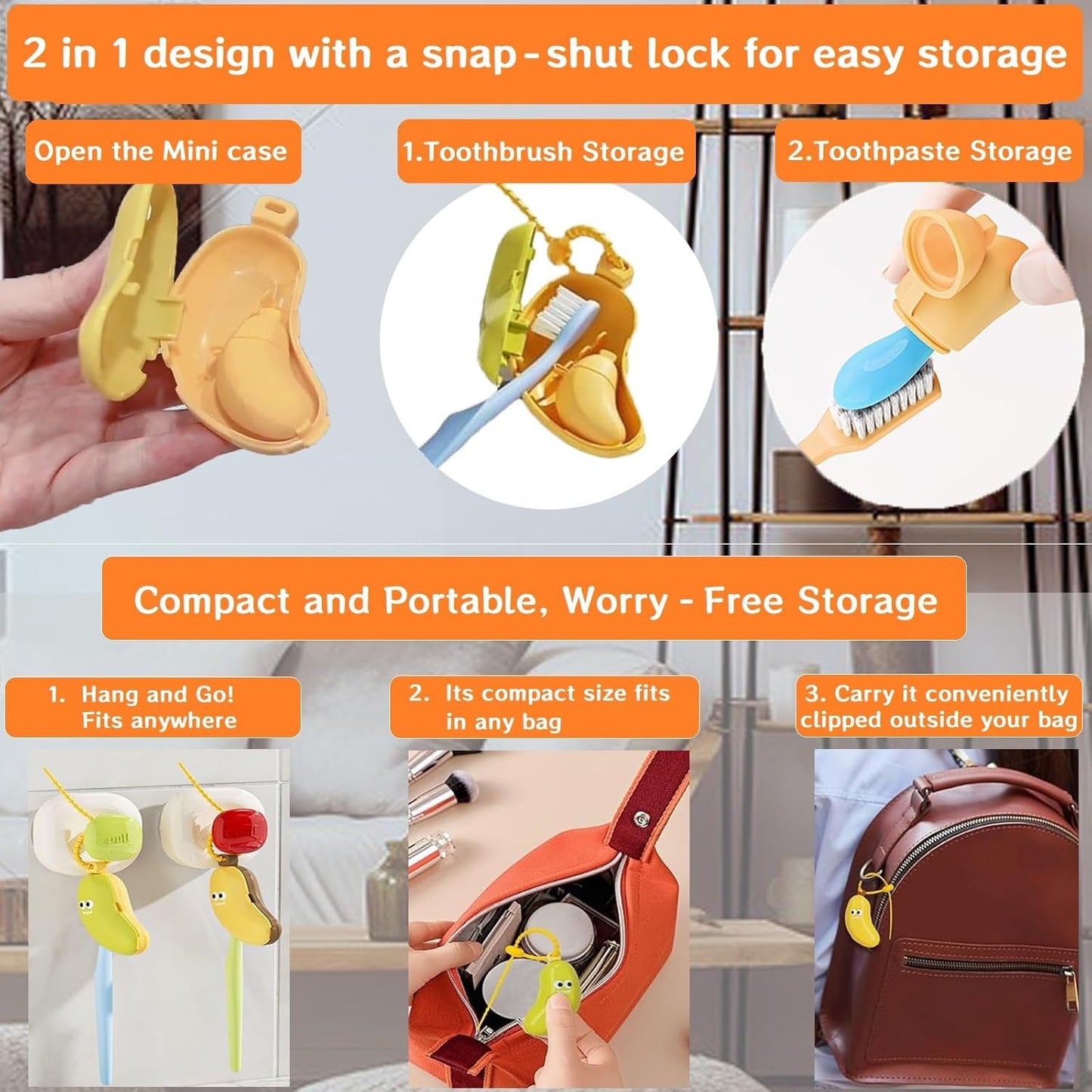 2Pcs 2-in-1 Travel toothbrush holder-Toothbrush covers with Toothpaste case,Portable Reuse Organizer with Banana smile-cute toothbrush cap for Electric&Manual Toothbrush,Ideal for Home&Travel(2,YE&GN)
