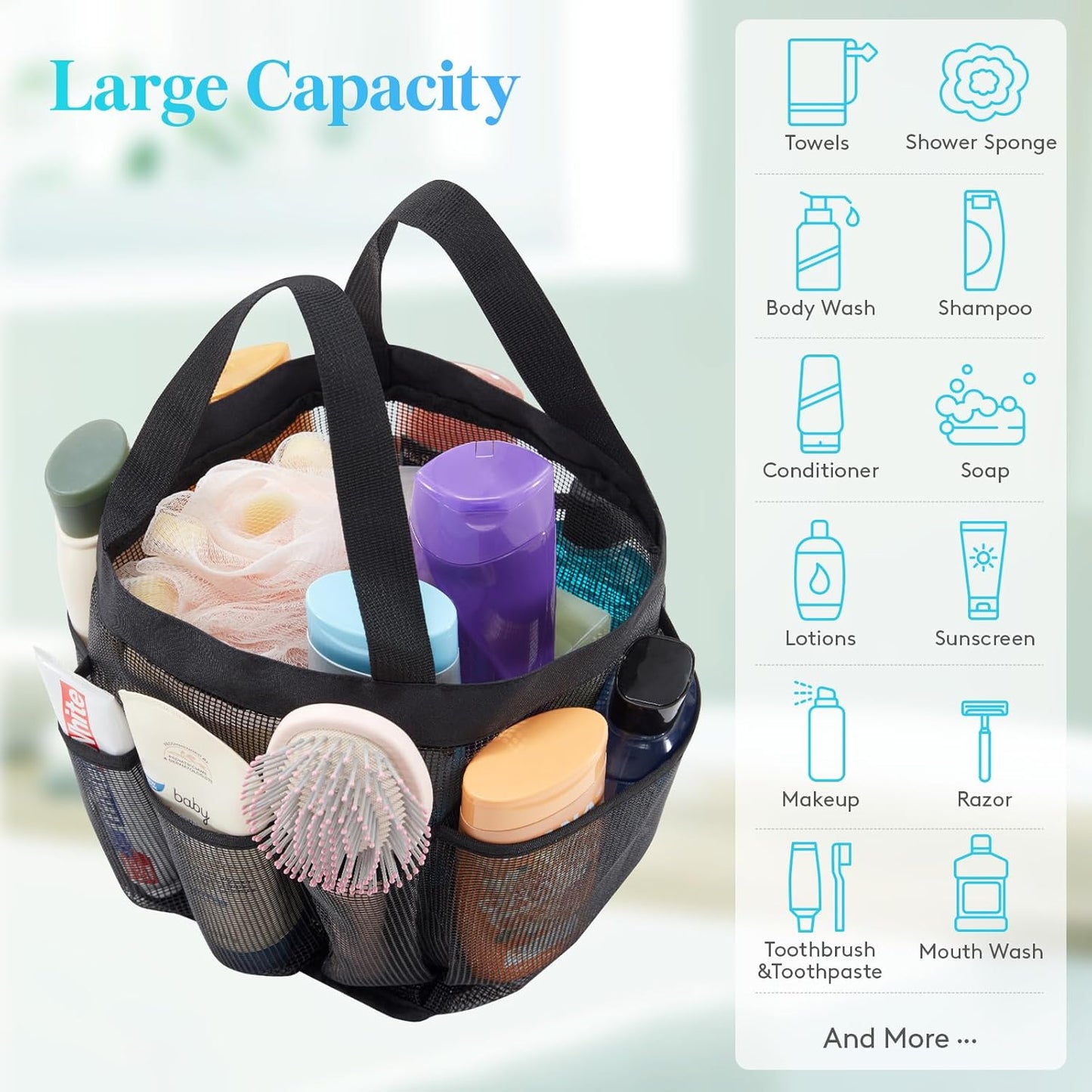 Lifewit Mesh Shower Caddy Freestanding Portable Shower Tote Bag for College Dorm, Bathroom, Gym, Travel, Quick Dry Hanging Organizer with 7 Storage Pockets for Toiletry Essentials, Medium,Black