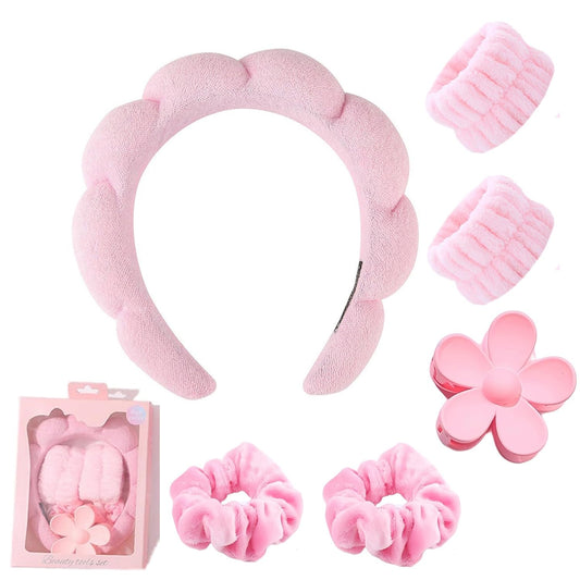 Esther Spa Headband and Wristbands Set with Hair Clip and Scrunchies,Skincare Headbands for Washing Face and Makeup,Trendy Stuff Hair Accessories for Women in Gift Box (Pink)