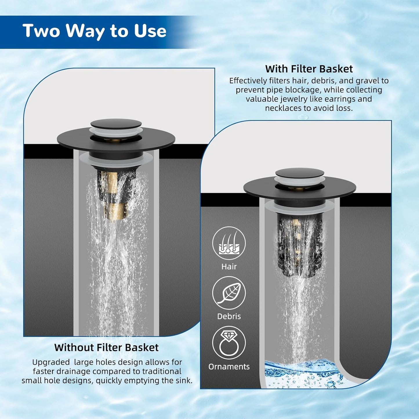 Hibbent 2 Pack 3 in 1 Bathroom Sink Drain Strainer, Universal Pop Up Stopper with Removable Stainless Steel Filter Basket Hair Catcher, Sink Plug for 1.1''~2.36'' Basin, Brass Bullet Core, Matte Black