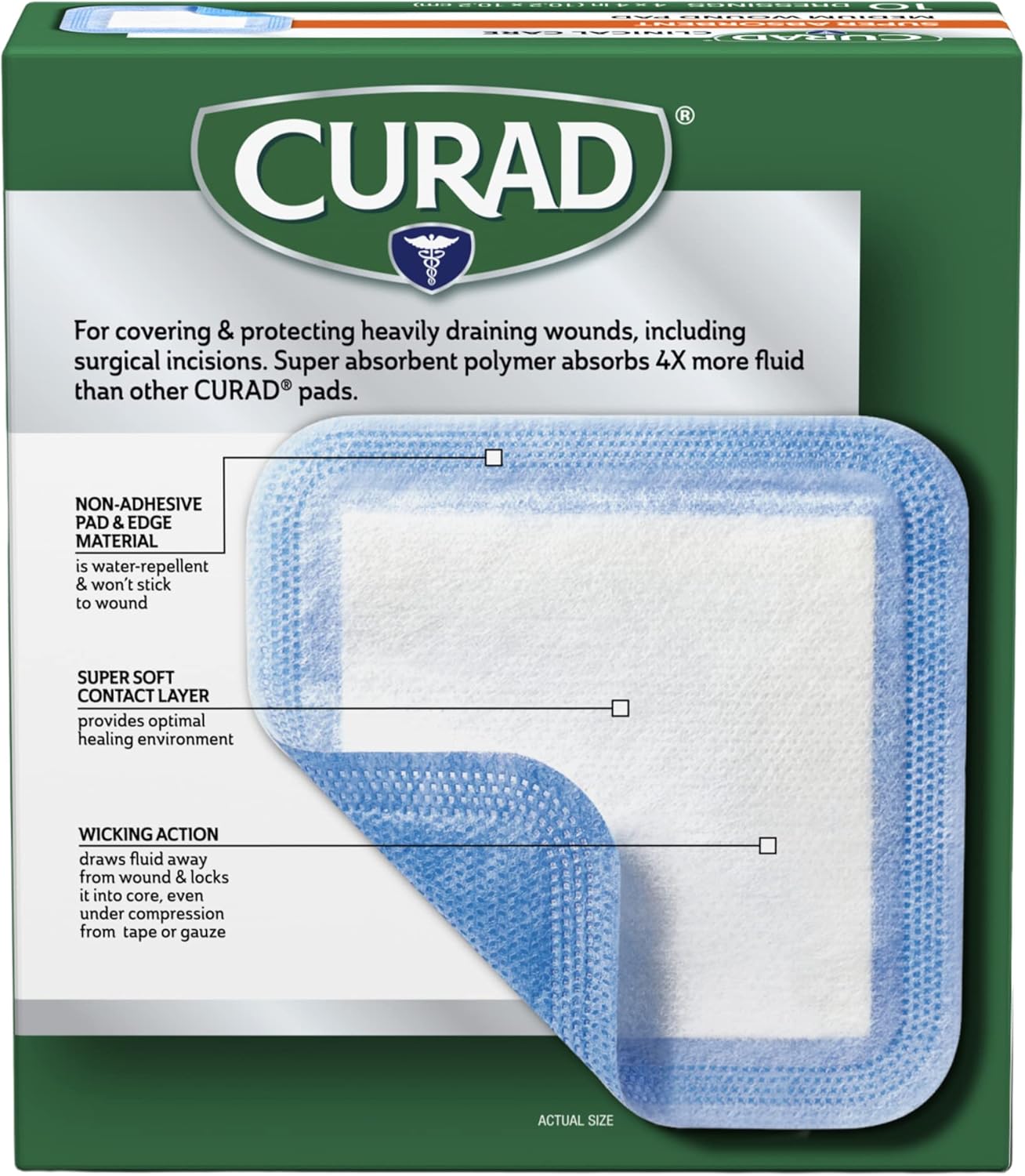 Curad Super Absorbent Wound Pad, Medium, 4" x 4", 10 Count, 3 Pack