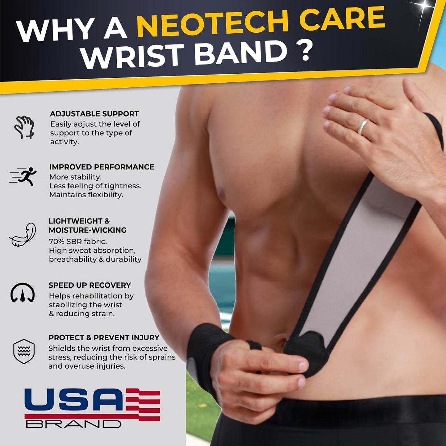 NeoTech Care Wrist Band - Elastic & Breathable Fabric - Adjustable Compression Strap - Men, Women, Right or Left - Support Wrap for Protection or Sports (Black Color, Size L, 1 Pair)
