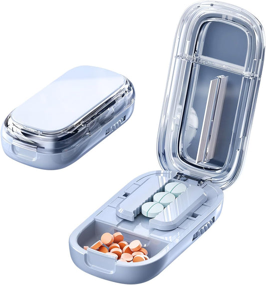 Portable Pill Cutter with Adjustable Slots – Multi Pill Splitter for Small & Large Tablets, Stainless Steel Blade, Clear Cut, Non-Slip Design, Easy to Use for Weekly Medication(Blue, 1/2)