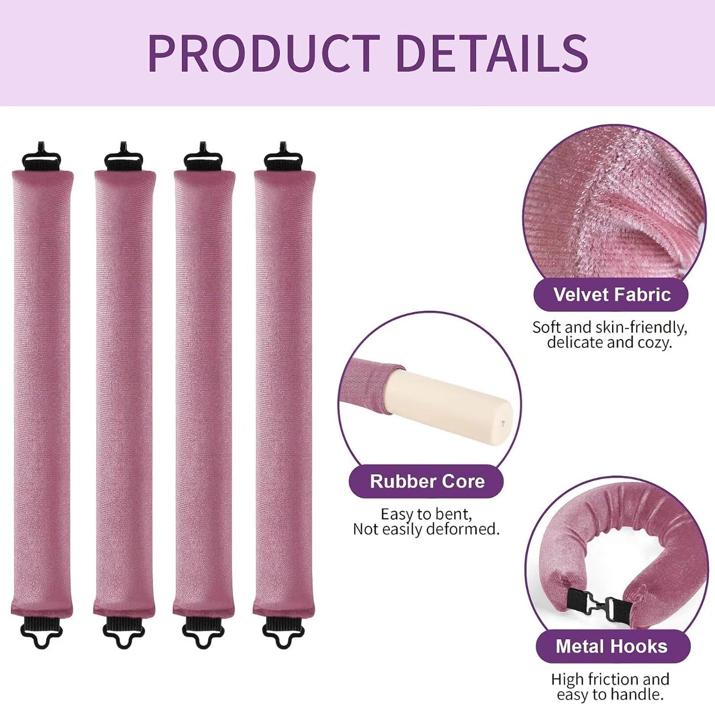 Heatless Curls Overnight Hair Curlers - 4 Pcs No-Heat Curling Rod to Sleep In,Velvet Hair Rollers with Satin Wrap