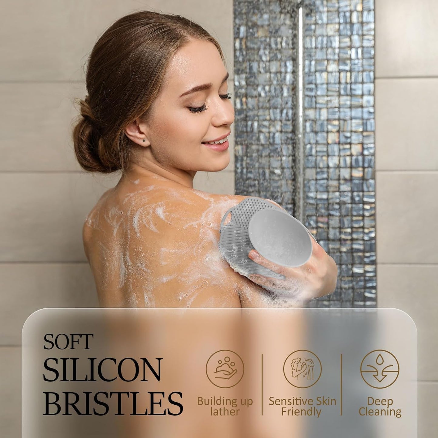 Soft Silicone Body Scrubber, Gentle Like a Hand Exfoliating Your Skin and Build Up Lather Easily, Back Large Suction Cup Easy to Store, Long-Lasting & Deep Clean (Gray)