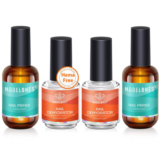 modelones 4 Pcs Nail Dehydrator and Primer, 15 ml Acid Free Natural Prep Dehydrate & Bond Primer Hema-Free Bonding for Nail Supplies
