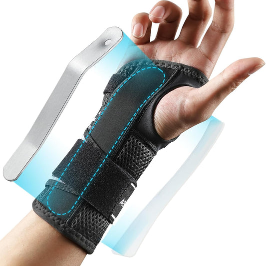 AGPTEK Carpal Tunnel Wrist Brace for Men Women, Night Sleeping Wrist Support with 2 Splints, Pain Relief Hand Brace for Arthritis Sprains Tendonitis, Adjustable Wrist Splint for Right Hand (S/M, Black & White )