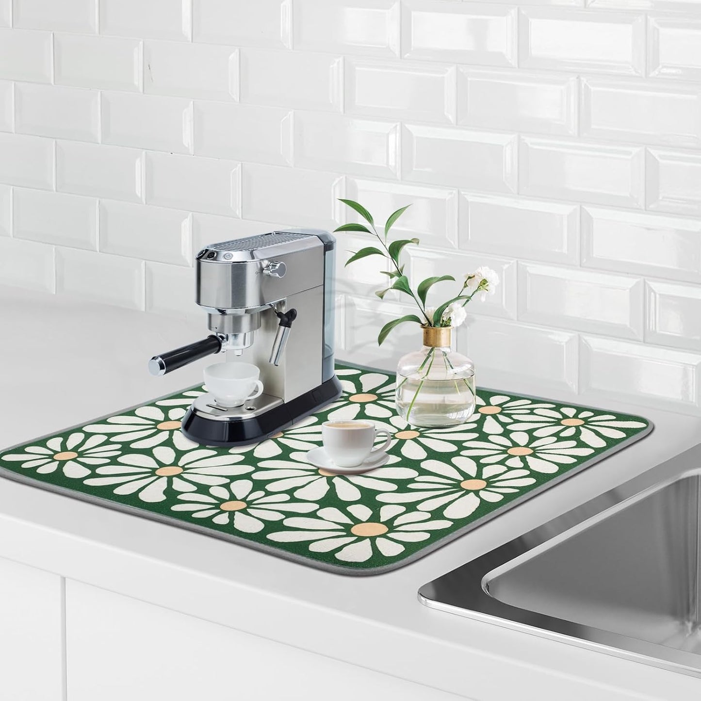 SHIYUE Dish Drying Mat for Kitchen Counter Super Absorbent Spring Kitchen Decor Microfiber Drying Matainers Rack Fast Pad Dish Drainer Mats(Green Flower,18''x24'')