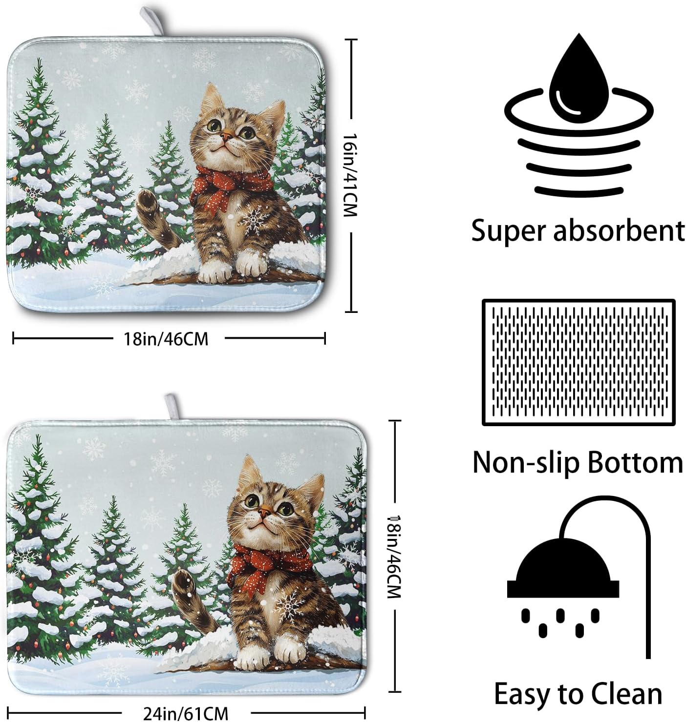 Cat Snow Pine Tree Winter Kitchen Dish Drying Mat 16x18 Inch Cute Kitten Animal Dish Mat Christmas Holiday Super Absorbent Dish Drying Pads Microfiber Dish Drying Mat for Kitchen Counter Sink