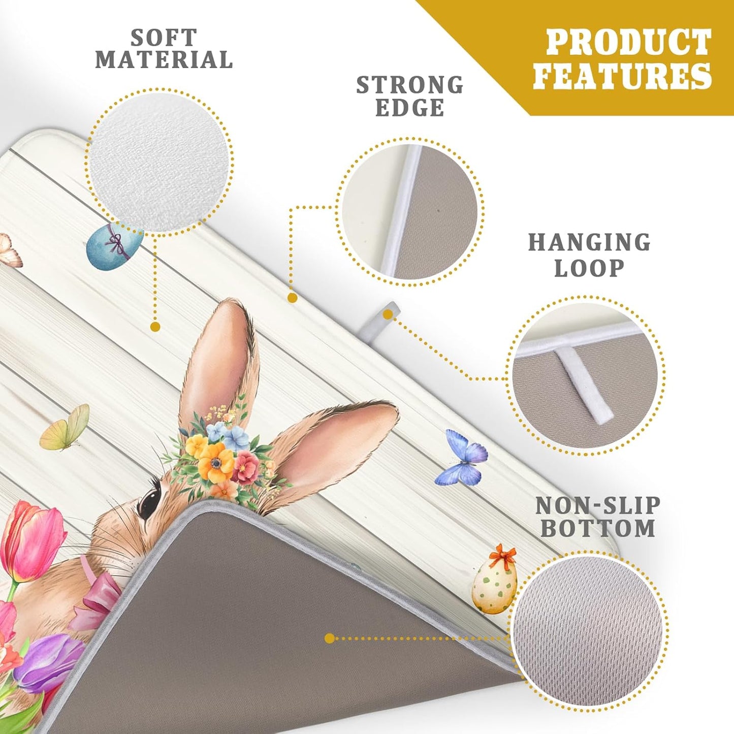 Easter Bunny Dish Drying Mat 18x24 inch Eggs Floral Fast Drying Pad Washable Reversible Microfiber Dish Drainer Mats for Kitchen Counter