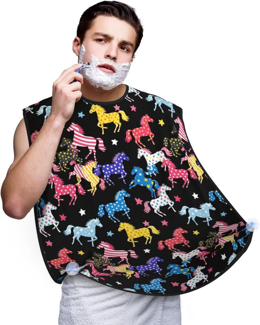 Beard Hair Catcher for Men, Waterproof Shaving Bib Apron Non-Stick, Trimming Tool for Dad Husband, Black Colorful Horse Shave Bib